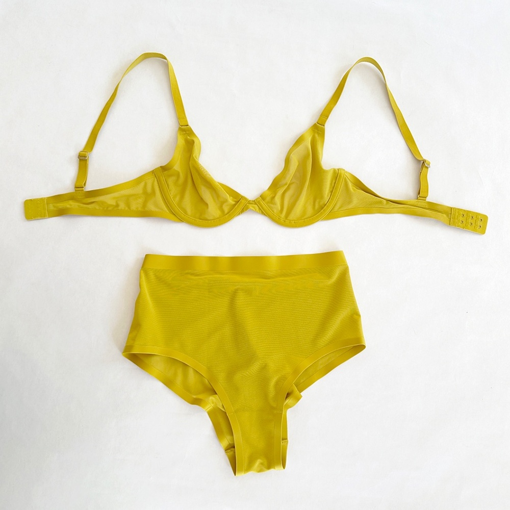 NWOT CUUP chartreuse plunge bra mesh tap panty underwear bikini bottom 32B XS 1